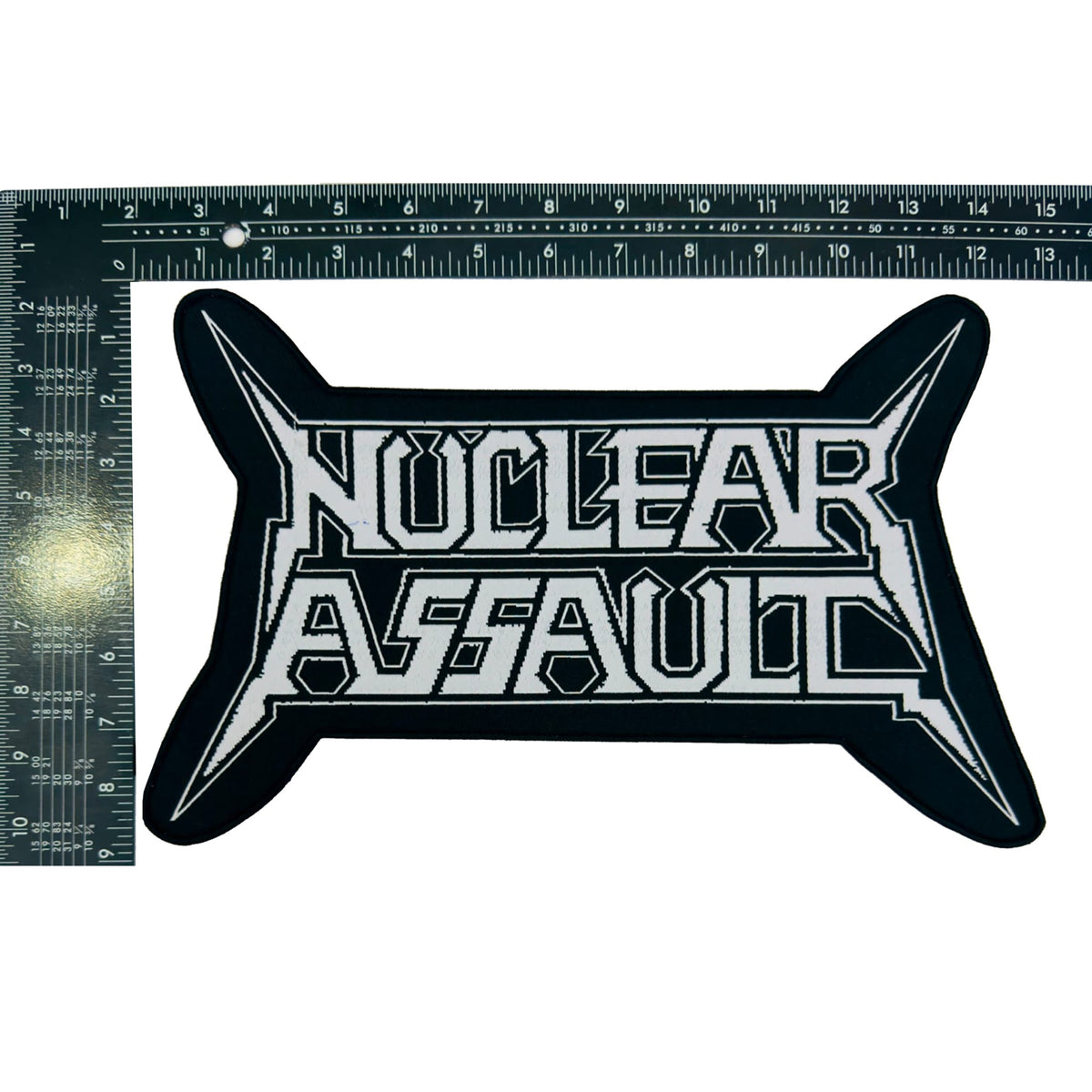 NUCLEAR ASSAULT logo oversized woven patch - ruler measurement