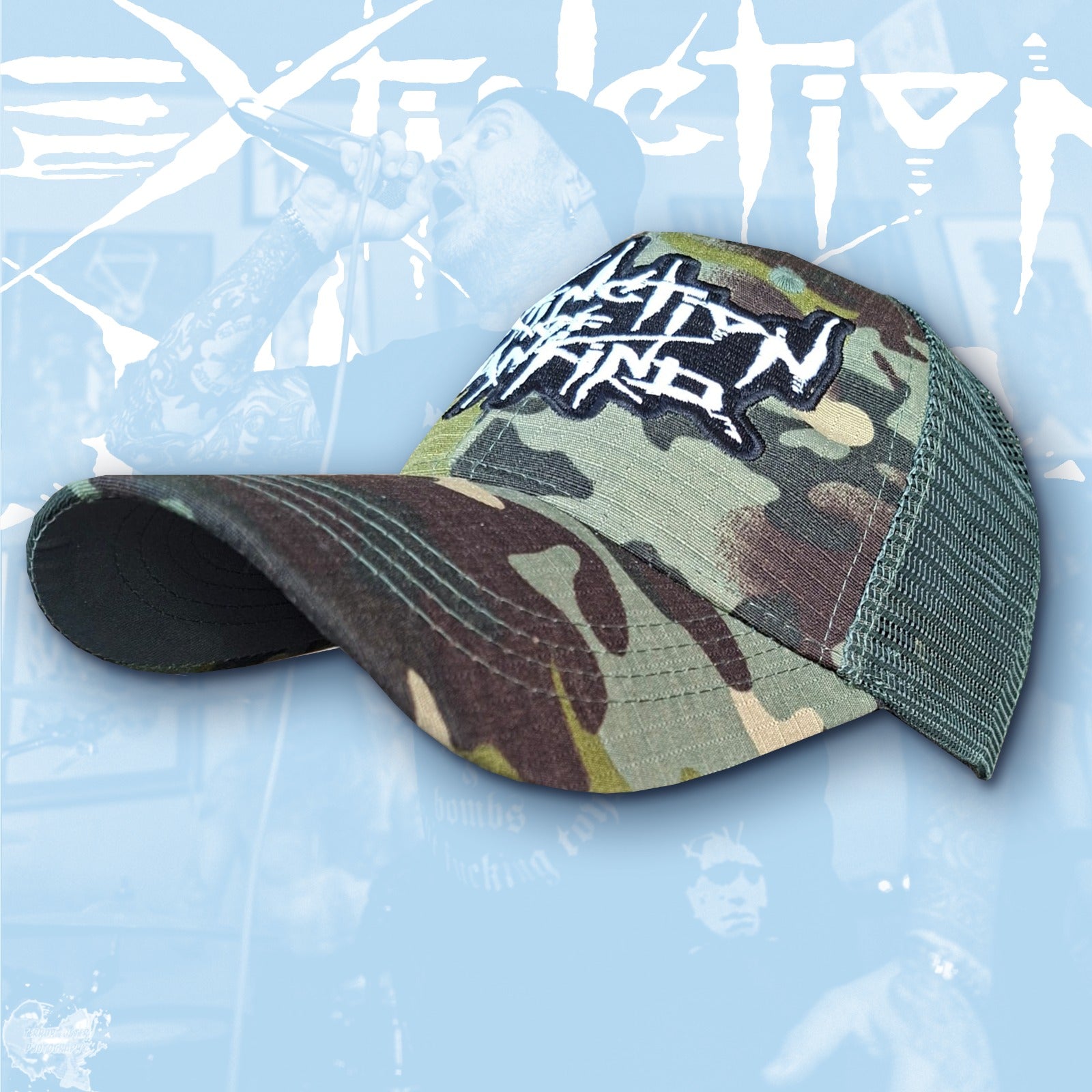 EXTINCTION OF MANKIND - (Glow in the Dark) Logo - GREEN CAMO TRUCKER CAP