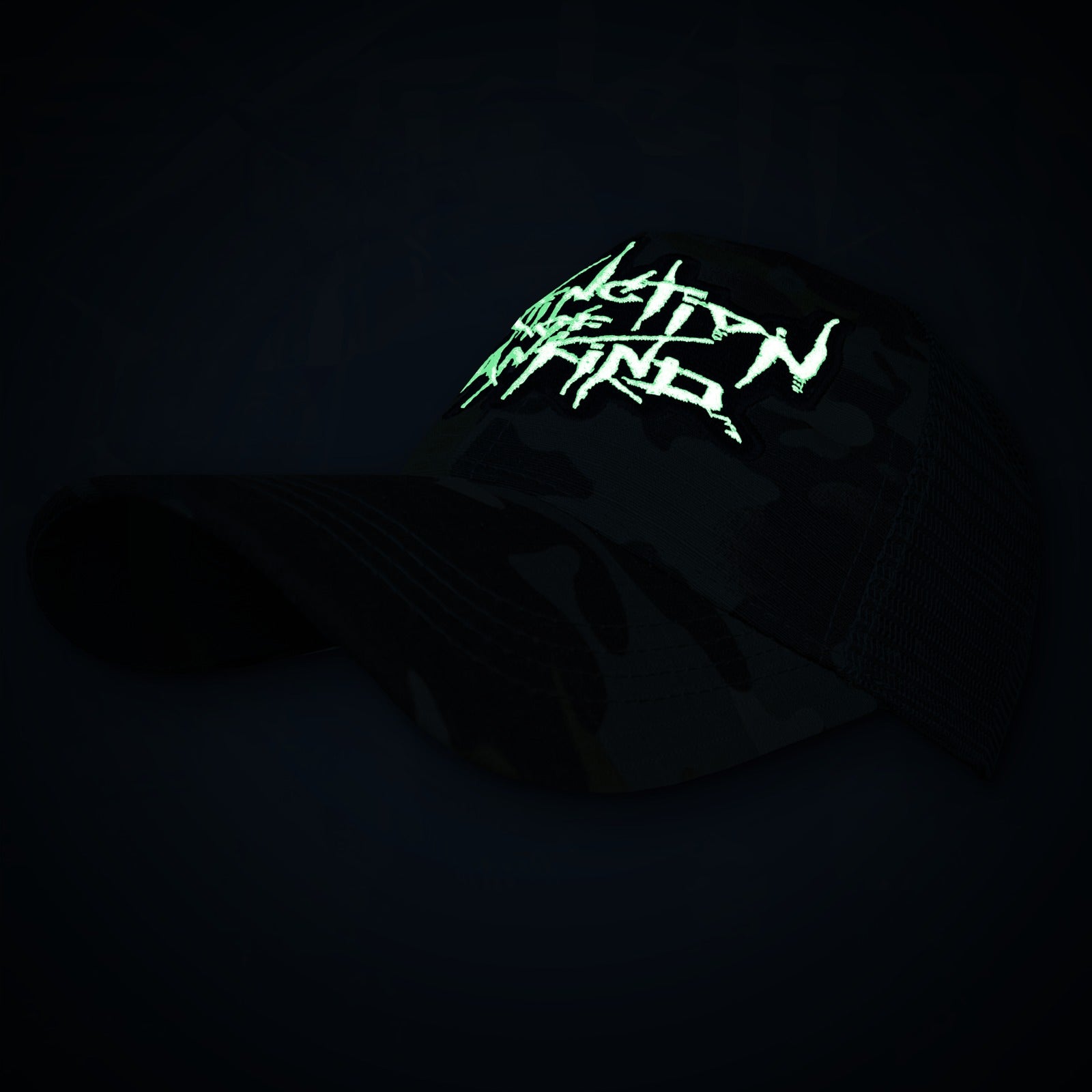 EXTINCTION OF MANKIND - (Glow in the Dark) Logo - GREEN CAMO TRUCKER CAP