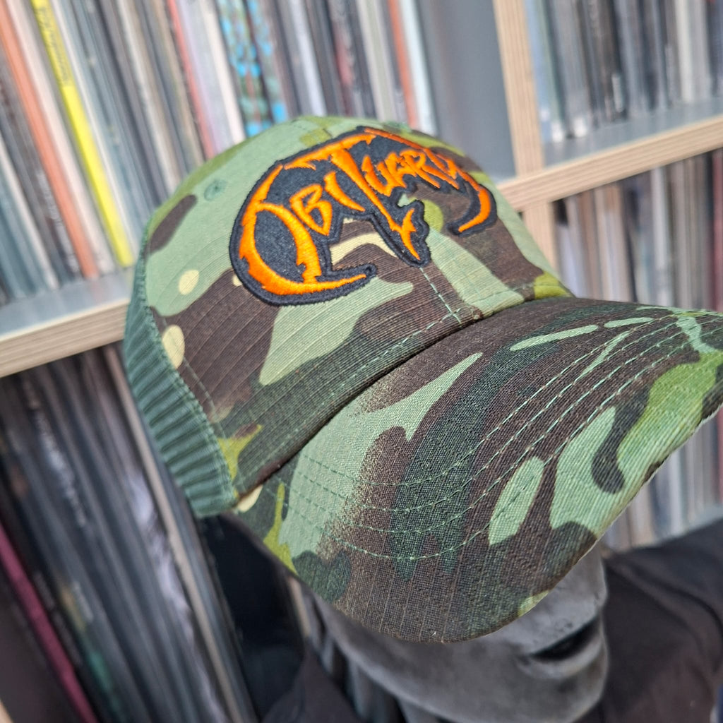 OBITUARY - (Orange) Logo - GREEN CAMO TRUCKER CAP