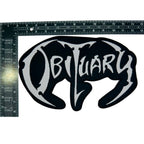 OBITUARY Logo oversized woven patch - black border with ruler
