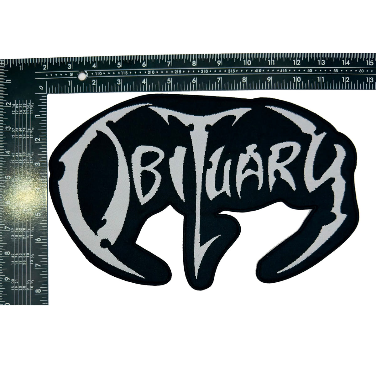 OBITUARY Logo oversized woven patch - black border with ruler