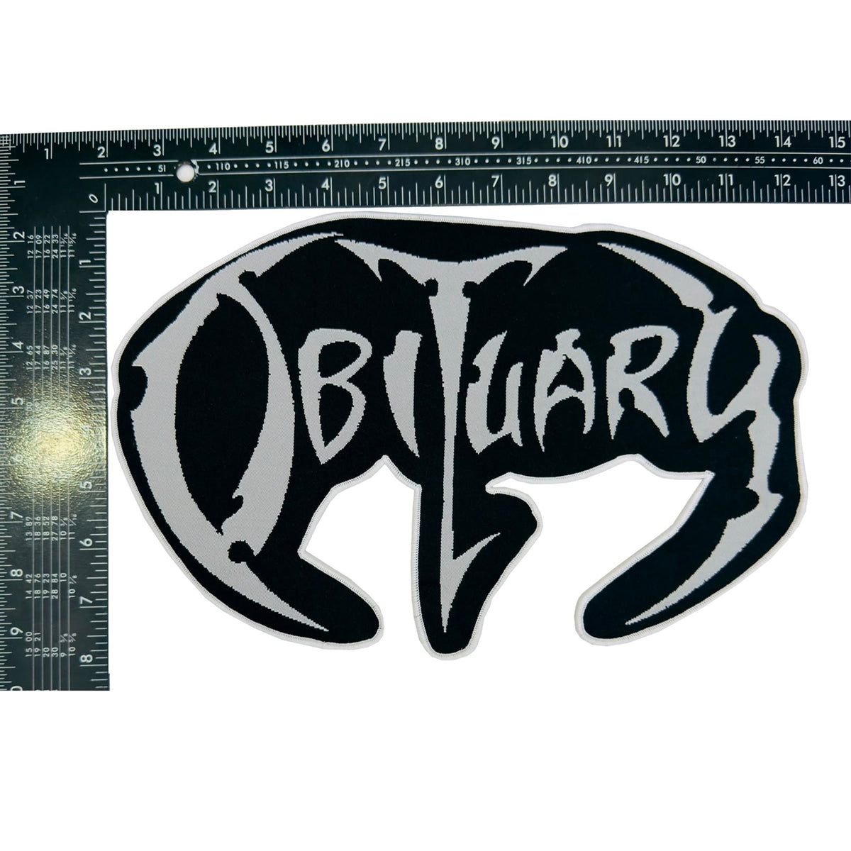 OBITUARY Logo oversized woven patch - white border with ruler