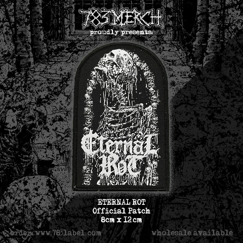 ETERNAL ROT - Cadaverine - (White Logo / Black Border) Tombstone Shaped Woven Patch