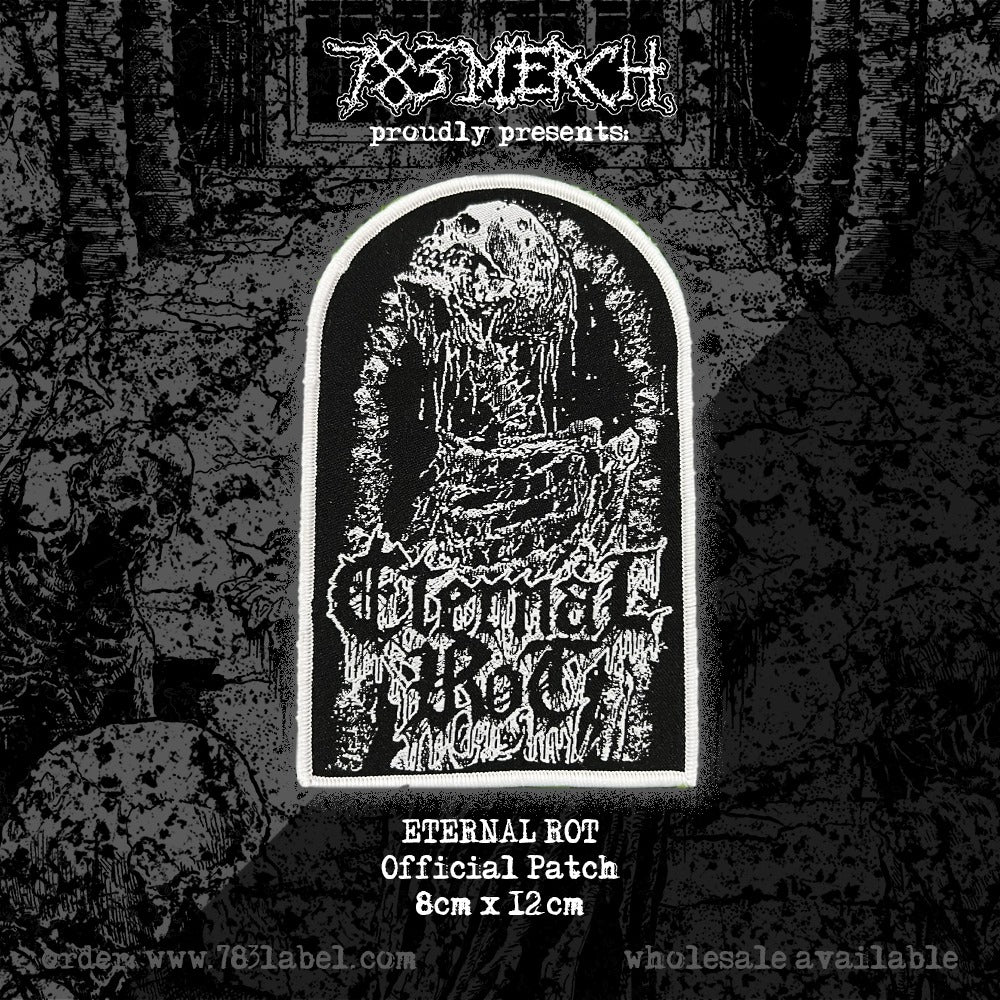 ETERNAL ROT - Cadaverine - (Black Logo / White Border) Tombstone Shaped Woven Patch