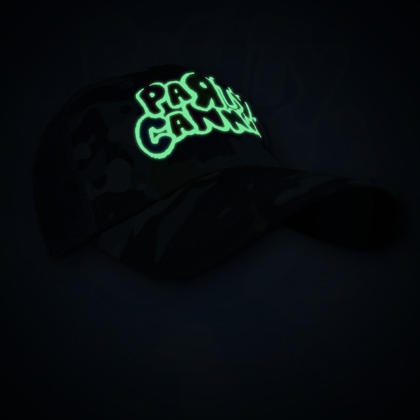 PaRtY CaNnOn - (Glow in the Dark) Logo - GREEN CAMO TRUCKER CAP
